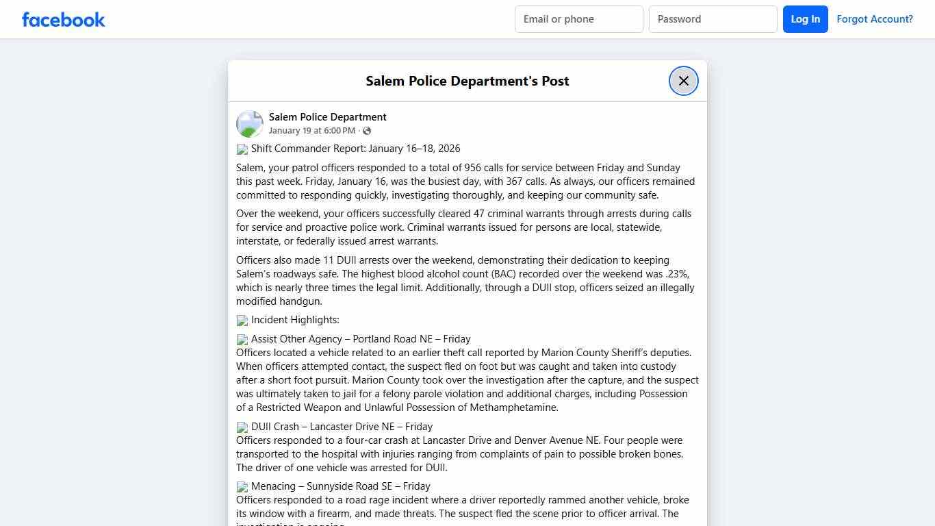 🚨 Shift Commander Report:... - Salem Police Department Facebook